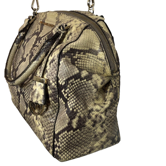 Michael Kors Riley Black Tan Beige Python Embossed Leather Satchel Crossbody - Picture 4 of 16